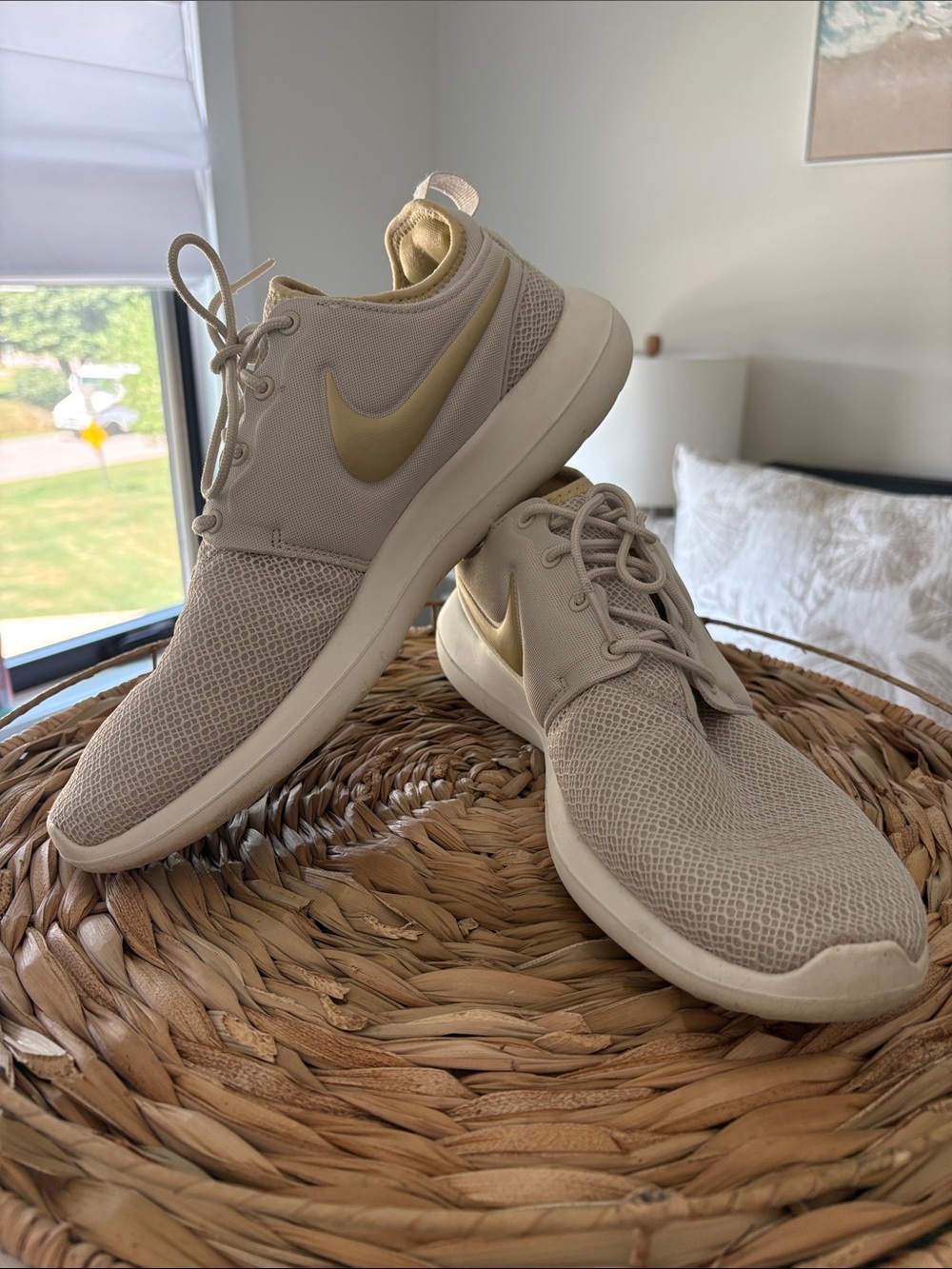 Nike Beige Sneakers with Gold Swoosh